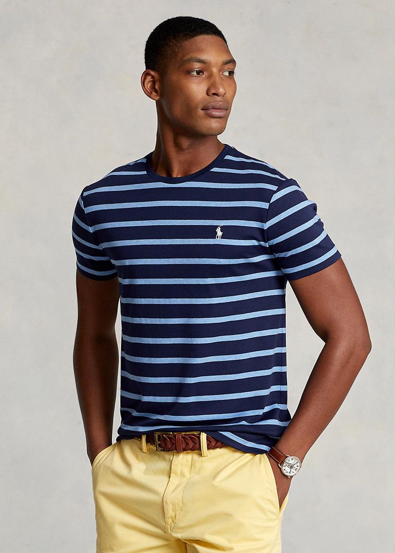 Koszulki Polo Ralph Lauren Męska Granatowe Custom Wąskie W Paski Soft Cotton 956107-VPK